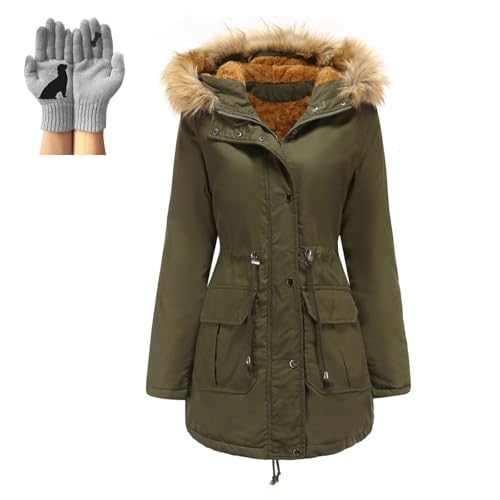 Wintermantel Damen Lang Warm Winterjacke Fleece Gefütterter Parka mit Kapuze Teddyfleece Mäntel Reißverschluss Winterparka Winddichte Baumwolle Kapuzenmantel Draussen mit Gestrickte Handschuhe von Mfhmom