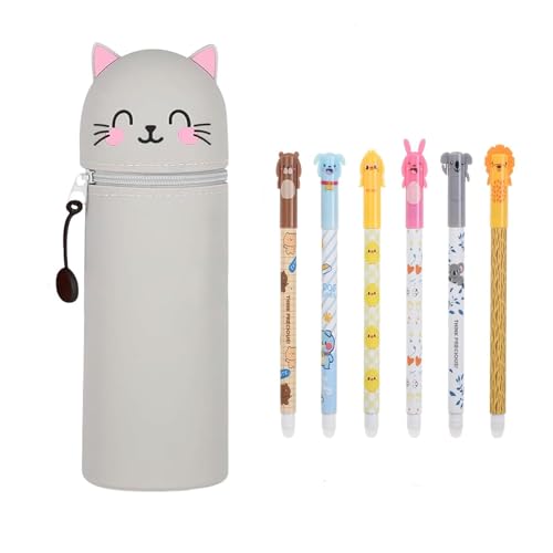 Kawaii 2-in-1 Silikon Federmäppchen Mädchen Jungen, Teleskopisch Stand Up Schlampermäppchen, Stifthalter inkl. 6 Radierbare Gelstifte, Geschenk für Kinder Schule Büro von Mfqire