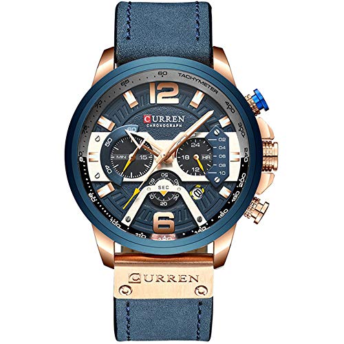 Mgae Casual Sport Uhren Herren Blau Militär Leder Armbanduhr Chronograph Armbanduhr von CURREN