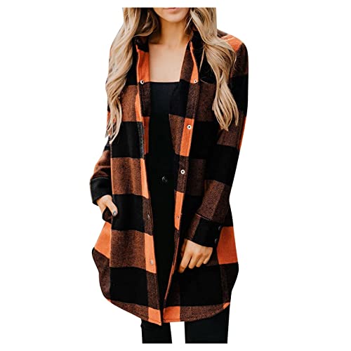 Flanellhemden für Damen, übergroßes Revers, karierte Jacke, lange Ärmel, offene Vorderseite, Strickjacke, Knopfbluse, Winter, warme Oberbekleidung, Orange, Groß von Mguotp