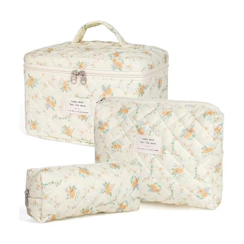 3 Stück Kosmetikbeutel Frauen Make -up -Tasche, Frauen -Reisetacks -Set, Gesteppte Toilettenbeutel mit Blumenmuster, kosmetischer Tasche mit Griff für Mädchen (Gelb) von Mhekrep