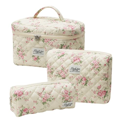 3 Stück Kosmetikbeutel Frauen Make -up -Tasche, Frauen -Reisetacks -Set, Gesteppte Toilettenbeutel mit Blumenmuster, kosmetischer Tasche mit Griff für Mädchen (Rosa) von Mhekrep