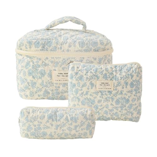 3 Stück Kosmetikbeutel Frauen Make -up -Tasche, Frauen -Reisetacks -Set, Gesteppte Toilettenbeutel mit Blumenmuster, kosmetischer Tasche mit Griff für Mädchen (Weiß) von Mhekrep