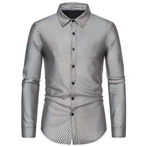 70er Jahre Disco-Hemd für Herren Metallic-Kostüm Hemd Metallic-Silber Nachtclub-Stil Langarm-Hemd glänzend schmal geschnitten Disco-Tanz Rhombus Heißprägung Oberteile Kostüm Party Clubwear Kostüm von Mi Manchi