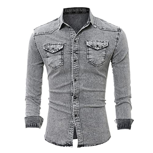 Herren Jeanshemd Stoff Lässiges Baumwolloberteil Normale Passform Langarm Button-Down Jeanshemd Normale Kragentaschen Stretch Retro Herren Frühling und Sommer Einfaches Langarm-Denimhemd Herrenhemd von Mi Manchi