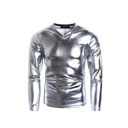 Herren Metallic Gold Glänzend Nachtclub Styles Hemden Silbernes Hemd Nachtclub Styles Lange Ärmel Glänzend Slim Fit Disco Dance Tops Kostüm Party Clubwear Halloween/Cosplay Kostüm von Mi Manchi