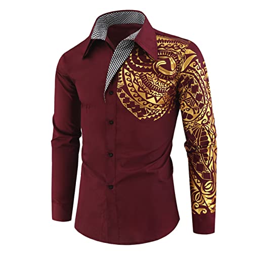 Herrenhemden Langarm Funky Bedrucktes Hemd Freizeithemd Ausgefallene Oberteile Einzigartiges Muster Persönlichkeit Totem Bronze Druck Lässiges Langarmhemd Slim Fit Button-Down-Hemd Langarmoberteil von Mi Manchi