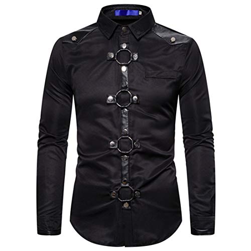 Mi Manchi Herren Gothic Motorrad Hemd Steampunk Niet Dekoration Lässig Top Klassisch Langarm Slim Fit Hemd Herren Halloween Vampir Cosplay Kostüme Schulter Leder Dekoration S-XXL von Mi Manchi