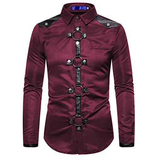 Mi Manchi Herren Gothic Motorrad Hemd Steampunk Niet Dekoration Lässig Top Klassisch Langarm Slim Fit Hemd Herren Halloween Vampir Cosplay Kostüme Schulter Leder Dekoration S-XXL von Mi Manchi