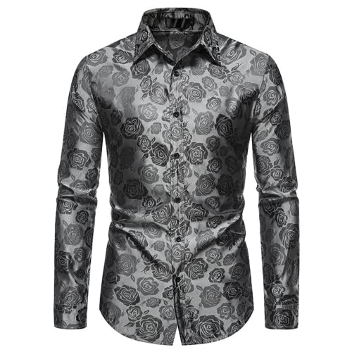 Paisley-Hemd für Herren Langarm Blumenmuster Jacquard-Hemden Button-Down-Kragen Smoking-Hemden luxuriös bedrucktes Hippie-Funky-Satin-Hemd für Party Hochzeit Retro-Hemd Paisley formelle Kleidung von Mi Manchi