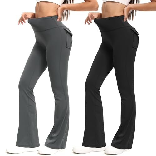 MiDoDo 2 Packs Frauen Flare Leggings mit Taschen, Weiche, Hoch taillierte,Bauchfreie Bootcut-Workout Yoga-Hosen von MiDoDo