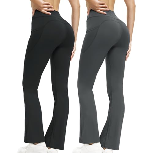 MiDoDo 2 Packs Frauen Flare Leggings mit Taschen, Weiche, Hoch taillierte,Bauchfreie Bootcut-Workout Yoga-Hosen von MiDoDo