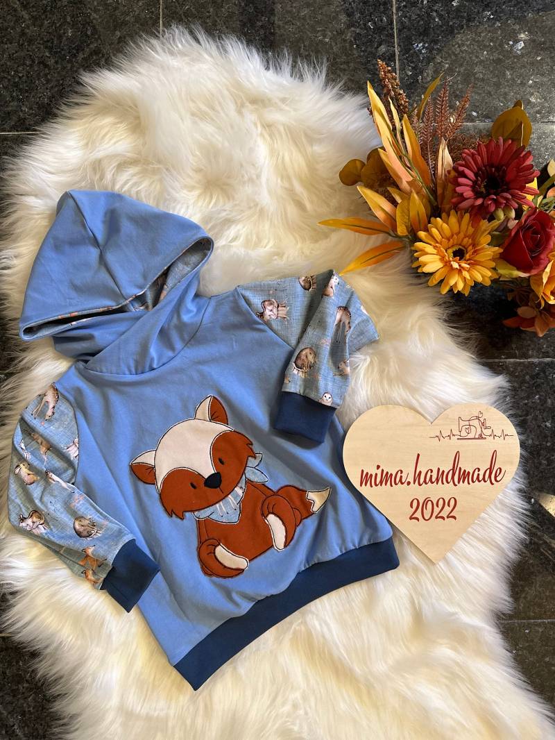 Pullover/ Größe 98/ Kinder-Pullover/ Kapuzenpullover/ Sweatshirt/ Handgemachte Kinderkleidung/ Nachhaltige Kindermode/ Stickbild/Motiv Fuchs von MiMaHandmade2022