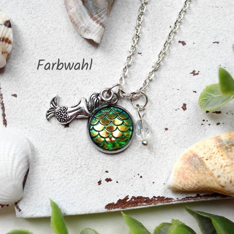 Schuppe Der Meerjungfrau Halskette Silber | Kette Cabochon Farbwahl Halsschmuck Geschenkidee Frau Freundin Schwester Mama von MiMaKaefer