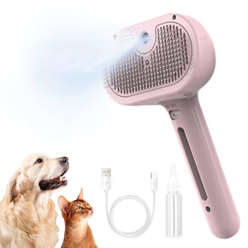 3-in-1 Katzenbürste mit Dampf, Antistatische Sprüh Hundebürste mit Wassertank Selbstreinigend Haustierbürste Knotenfest Haarentfernung mit Einem Knopf für Kurzhaar und Langhaar Hunde Katzen von MiOYOOW