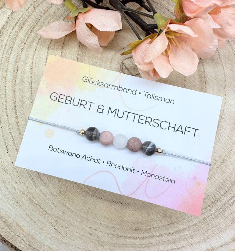 Geburt & Mutterschaft Edelstein Macramé Armband Botswana Achat Rhodonit Mondstein Glücksbringer Talisman Art.-Nr. Mac029 von MiPerlaDesign