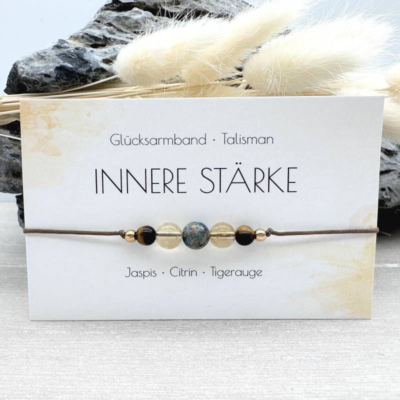 Innere Stärke Edelstein Macramé Armband Jaspis Citrin Tigerauge Ø 6 Mm + 4 Glücksbringer Talisman Mut Kraft Mac028.6 von MiPerlaDesign