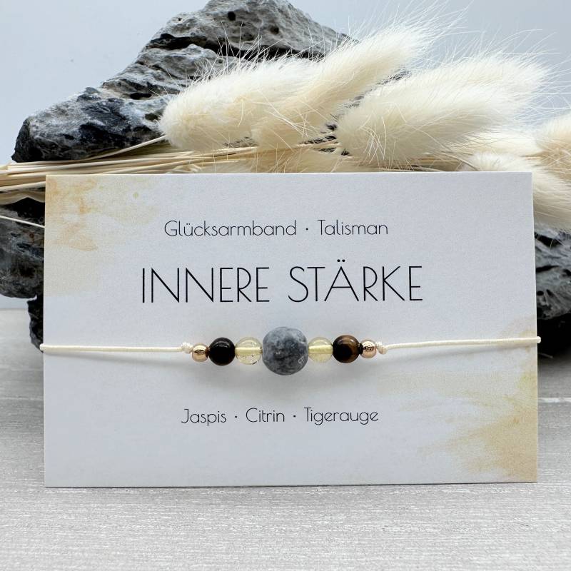 Innere Stärke Edelstein Macramé Armband Jaspis Citrin Tigerauge Ø 8 Mm + 4 Glücksbringer Talisman Mut Kraft Mac028.5 von MiPerlaDesign