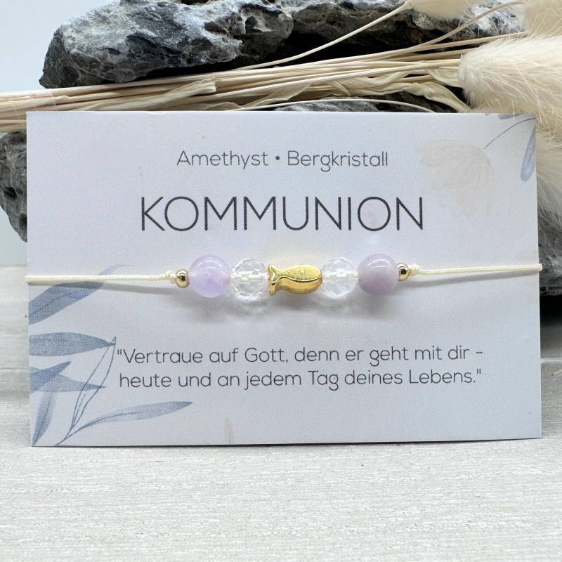 Kommunion Edelstein Macramé Armband Amethyst Bergkristall Fisch Ø 6 Mm Geschenkidee Mac044.1 von MiPerlaDesign