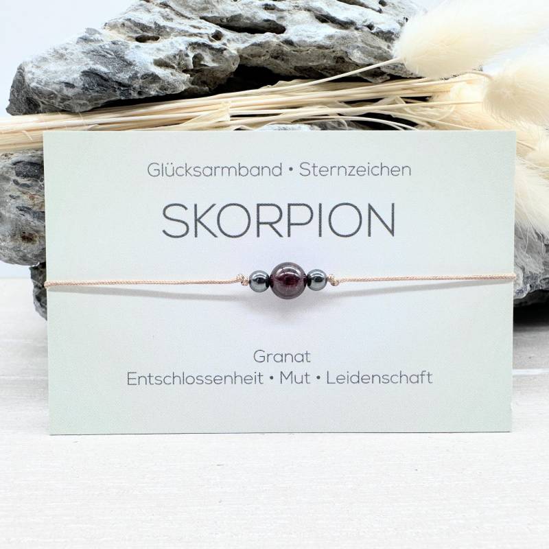 Skorpion Edelstein Macramé Armband Granat Ø 6 Mm Hämatit 4 Sternzeichen Glücksarmband von MiPerlaDesign