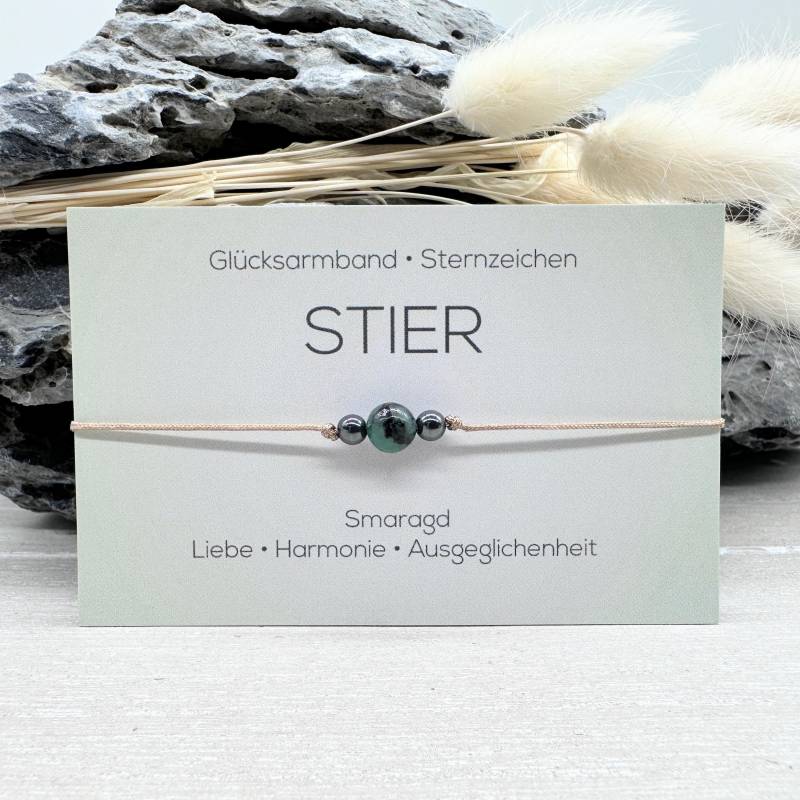 Stier Edelstein Macramé Armband Smaragd Ø 6 Mm Hämatit 4 Sternzeichen Glücksarmband von MiPerlaDesign