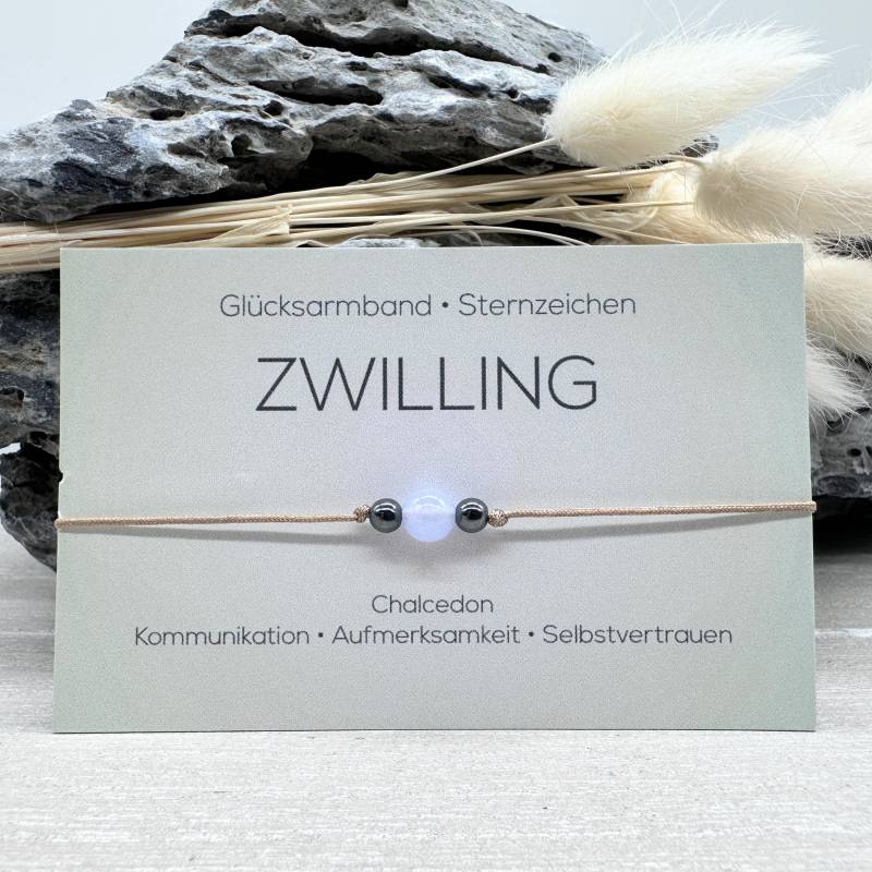 Zwilling Edelstein Macramé Armband Chalcedon Ø 6 Mm Hämatit 4 Sternzeichen Glücksarmband von MiPerlaDesign