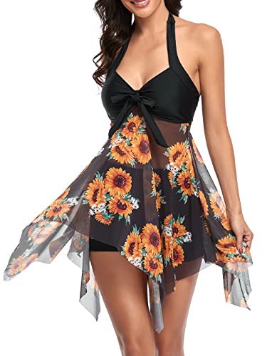 MiYang Damen Tankini Badeanzug mit Boyshorts Zweiteiliger V Ausschnitt Bowknot Neckholder Badeanzug Kleid, Schwarze Blume, Large von MiYang