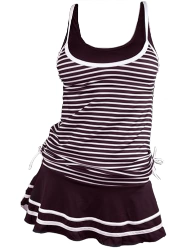 MiYang Tankini-Badeanzüge für Damen, zweiteilig, Bauchkontrolle, Badeanzug mit Rock, gestreift, Vintage-Badekleid, Rot / Violett, Large von MiYang