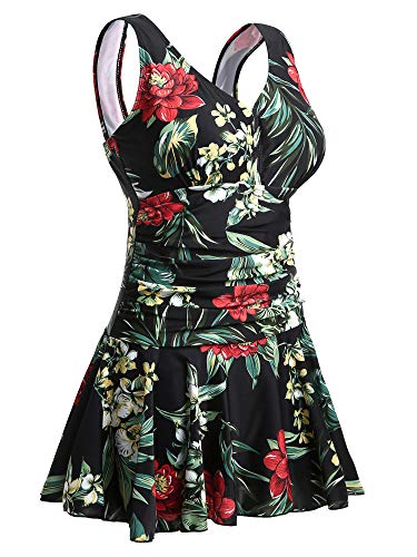 Summer Mae Damen Badekleid Plus Size Geblümt Figurformender Einteiler Badeanzug Swimsuit 48-50-2XL von MiYang