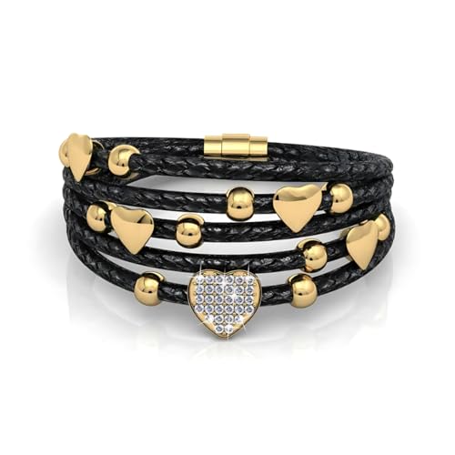 MGJ™ Damen-Lederarmband mit Charms und Swarovski-Kristallen – Präsentiert in weißer Weihnachtscracker-Verpackung – Hypoallergener Schmuck im Herz-Design für Sie (Schwarzes Leder, Gold) von Mia Grace Jewellery