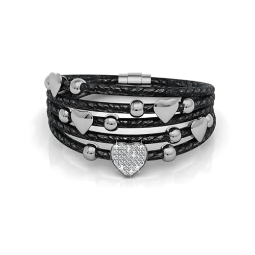MGJ™ Damen-Lederarmband mit Charms und Swarovski-Kristallen – Präsentiert in weißer Weihnachtscracker-Verpackung – Hypoallergener Schmuck im Herz-Design für Sie (Schwarzes Leder, Silber) von Mia Grace Jewellery