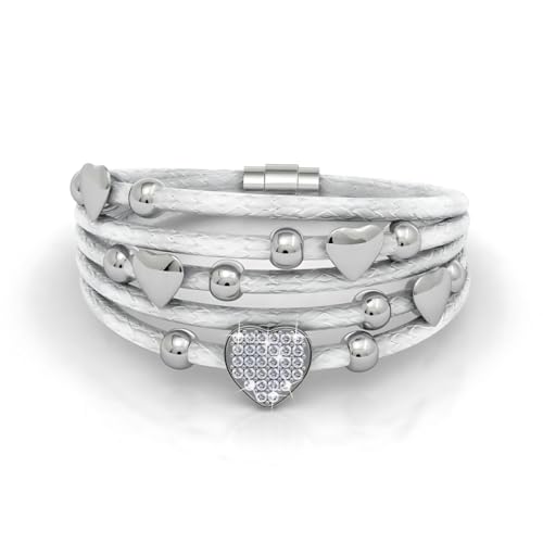 MGJ™ Damen-Lederarmband mit Charms und Swarovski-Kristallen – Präsentiert in weißer Weihnachtscracker-Verpackung – Hypoallergener Schmuck im Herz-Design für Sie (Weißes Leder Silber) von Mia Grace Jewellery