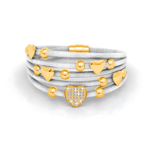 MGJ™ Damen-Lederarmband mit Charms und Swarovski-Kristallen – Wird mit weißer Geschenkbox, Beutel und Weihnachtskarte geliefert – Hypoallergener Schmuck im Herzdesign für Sie (Weißes Leder Gold) von Mia Grace Jewellery