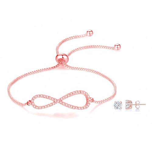 MGJ™ Damen-Set mit Infinity-Armband und Ohrringen mit Swarovski-Kristallen – Lieferung mit Weihnachtskarte, weißer Geschenkbox und Beutel – hypoallergenes Schmuckgeschenk für sie (Roségold) von Mia Grace Jewellery