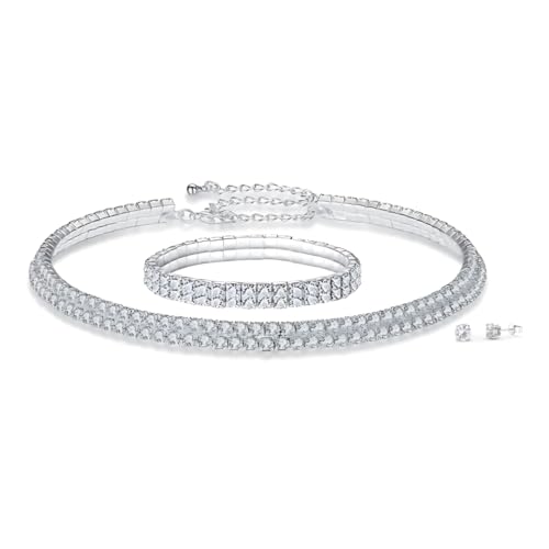 Mia Grace Jewellery MGJ™ Halskette, Armband und Ohrstecker mit Swarovski-Kristallreihen, hypoallergen, Einzel-/Doppel-Silberschmuck, Geschenke für Sie (Doppelreihe) von Mia Grace Jewellery