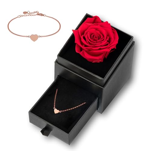 Rosenbox mit haltbarer Infinity Rose und rosegoldenem Herz Armband für Damen I Geschenk für Sie mit Herzarmkettchen I Handmade in Germany von Mia Milano