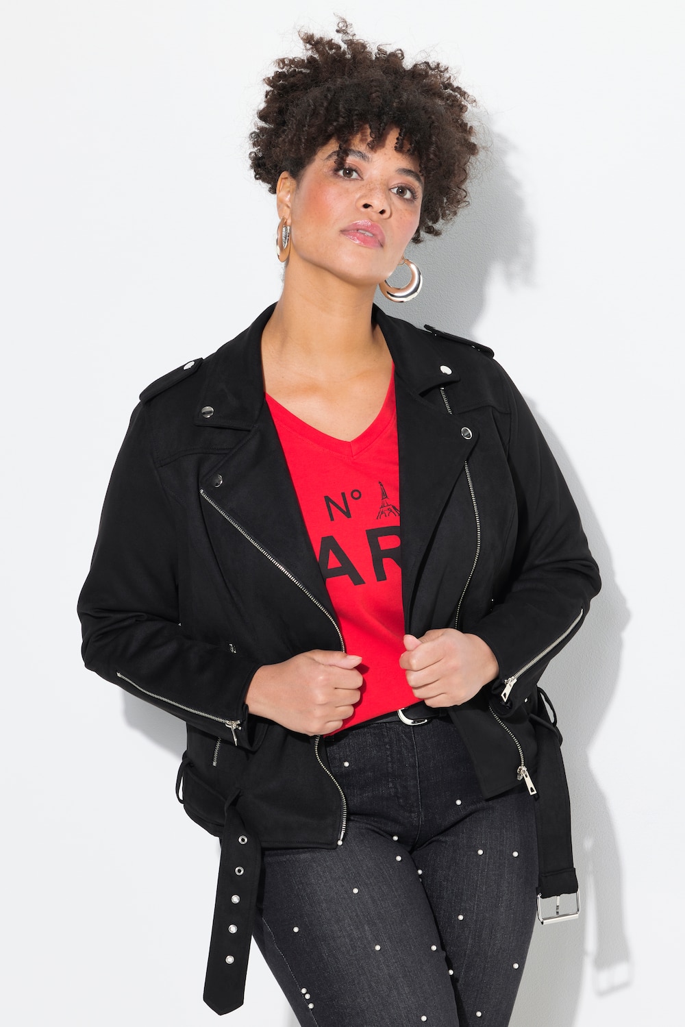 Große Größen Bikerjacke, Damen, schwarz, Größe: 56, Polyester/Elasthan, Mia Moda von Mia Moda