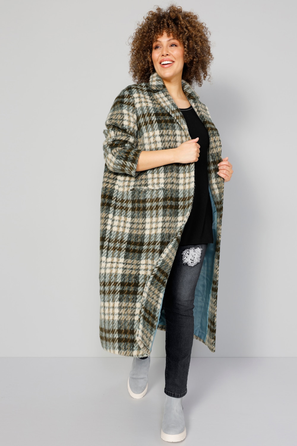Große Größen Karo-Mantel, Damen, weiß, Größe: 58, Polyester, Mia Moda von Mia Moda