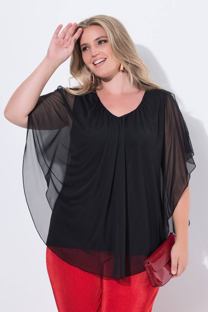 Große Größen Mesh-Blusenshirt, Damen, schwarz, Größe: 42/44, Polyester/Elasthan, Mia Moda von Mia Moda