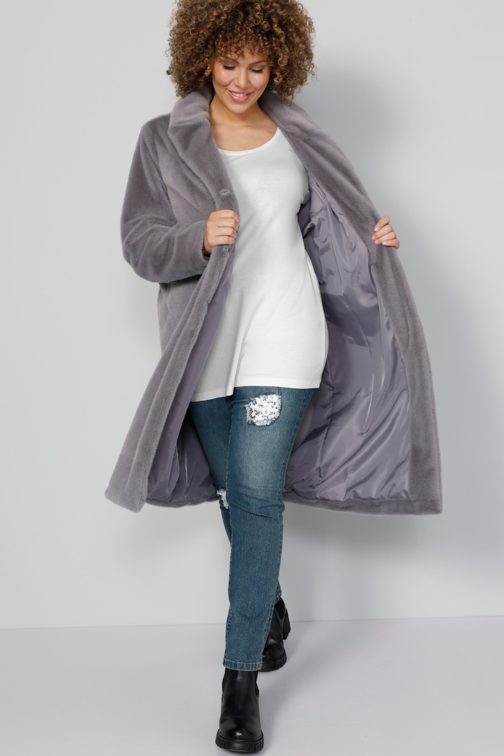 Große Größen Webpelz-Mantel, Damen, grau, Größe: 62, Polyester, Mia Moda von Mia Moda