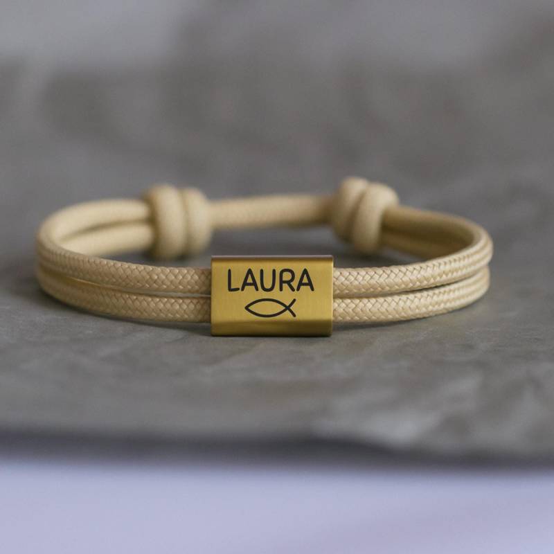 Kommunion Fisch Armband Mit Namen Aus Segeltau, Geschenk Zur Taufe, Firmung, Konfirmation von MiaCoreDE