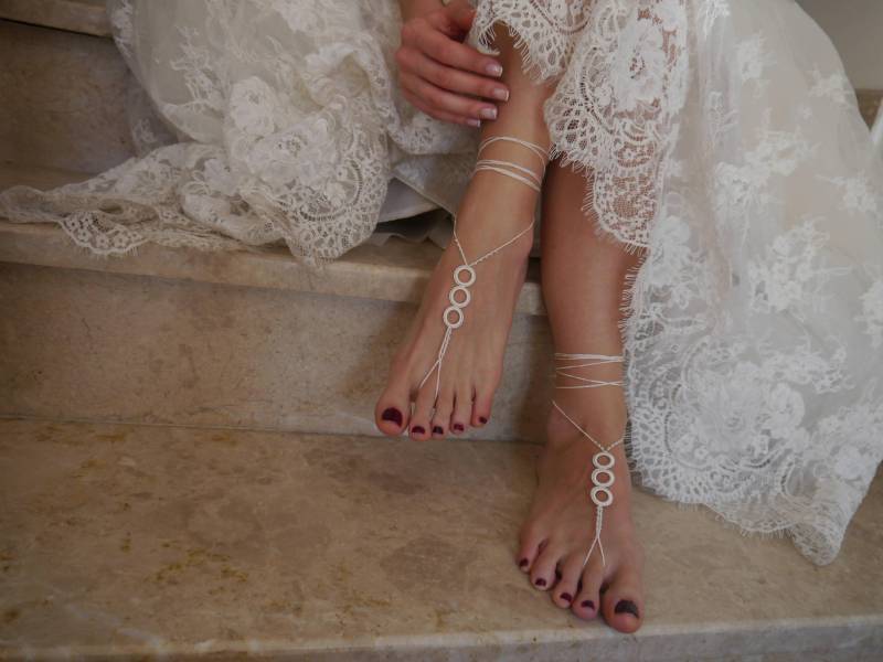 Elfenbein Häkeln Barfuß Sandalen Perlen Strand Hochzeit Fuß Schmuck von MiaJewelryStudio