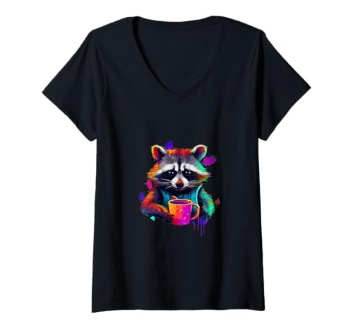 Damen Waschbär im Neon-Stil mit Kaffeetasse T-Shirt mit V-Ausschnitt Damen Waschbär im Neon-Stil mit Kaffeetasse T-Shirt mit V-Ausschnitt von MiaKid