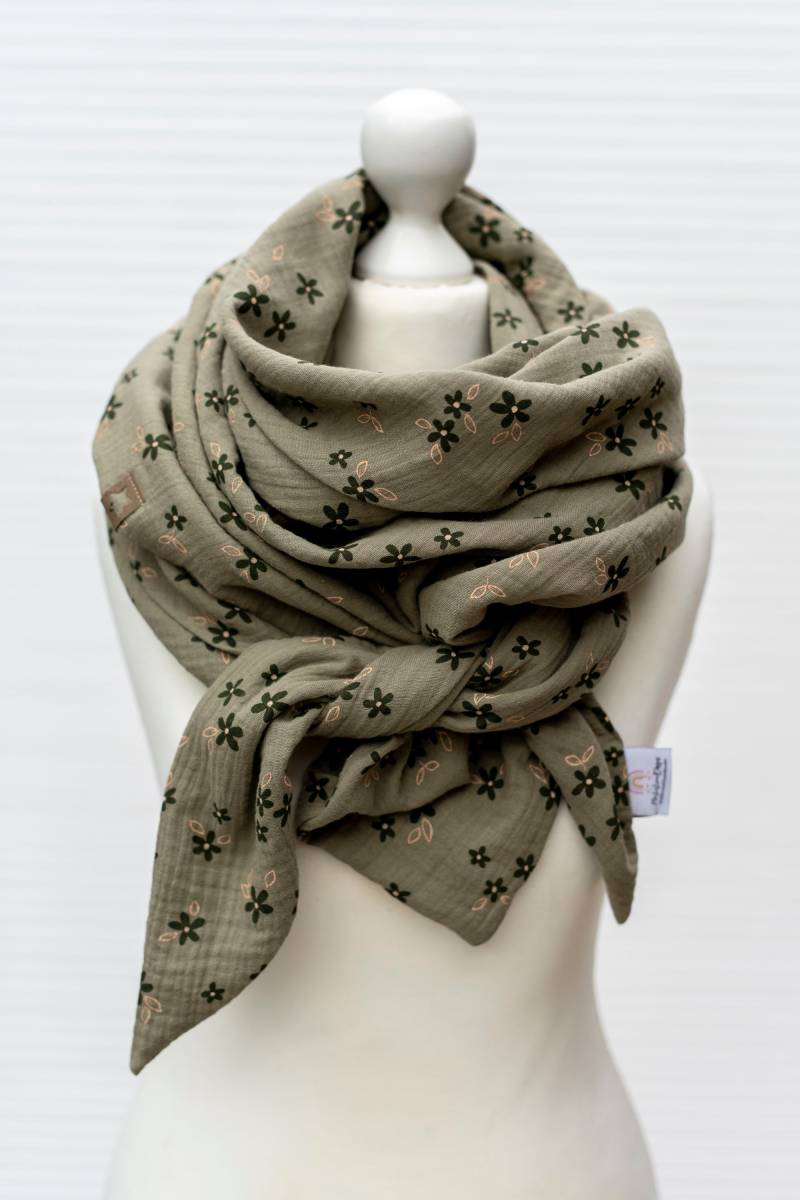 Musselintuch Dreieckstuch Halstuch Khaki Flower Damen Mädchen Herren Doppellagig Für Kinder Und Erwachsene Tuch von MiaLaLunaDesigns