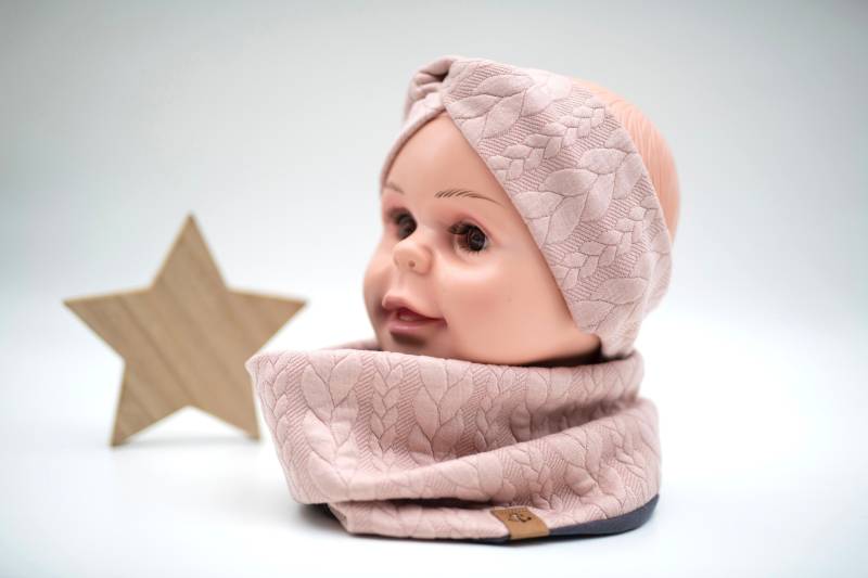 Super Süßes Set Strick Stirnband & Loop Mädchen Puderrose/ Grau Verschieden Grö von MiaLaLunaDesigns