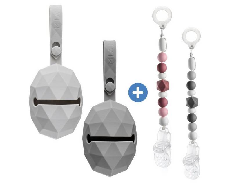 MiaMia Schnuller Grau Beere, 4-tlg. Schnuller-Zubehör-Set Schnullerbox, Schnullerkette inkl. Clip von MiaMia
