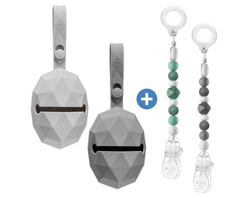 MiaMia Schnuller Grau Grün, 4-tlg. Schnuller-Zubehör-Set Schnullerbox, Schnullerkette inkl. Clip von MiaMia