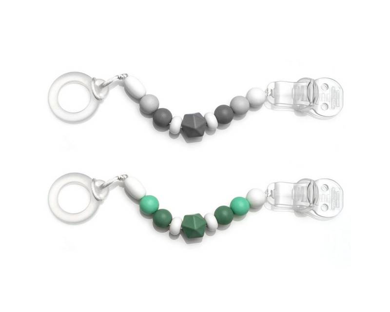 MiaMia Schnuller Grau Grün, 2x Schnullerkette Schnullerband mit Silikon Perlen, Gummiring & Clip von MiaMia