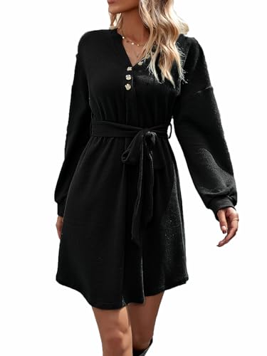 MiaShark Kleider Damen Langarm V-Ausschnitt Einfarbig Minikleid Hohe Elastizität Casual Kleid (Schwarz,L) von MiaShark