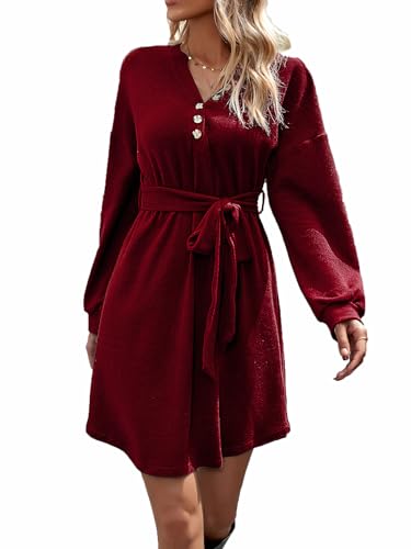MiaShark Kleider Damen Langarm V-Ausschnitt Einfarbig Minikleid Hohe Elastizität Casual Kleid (Rot,L) von MiaShark